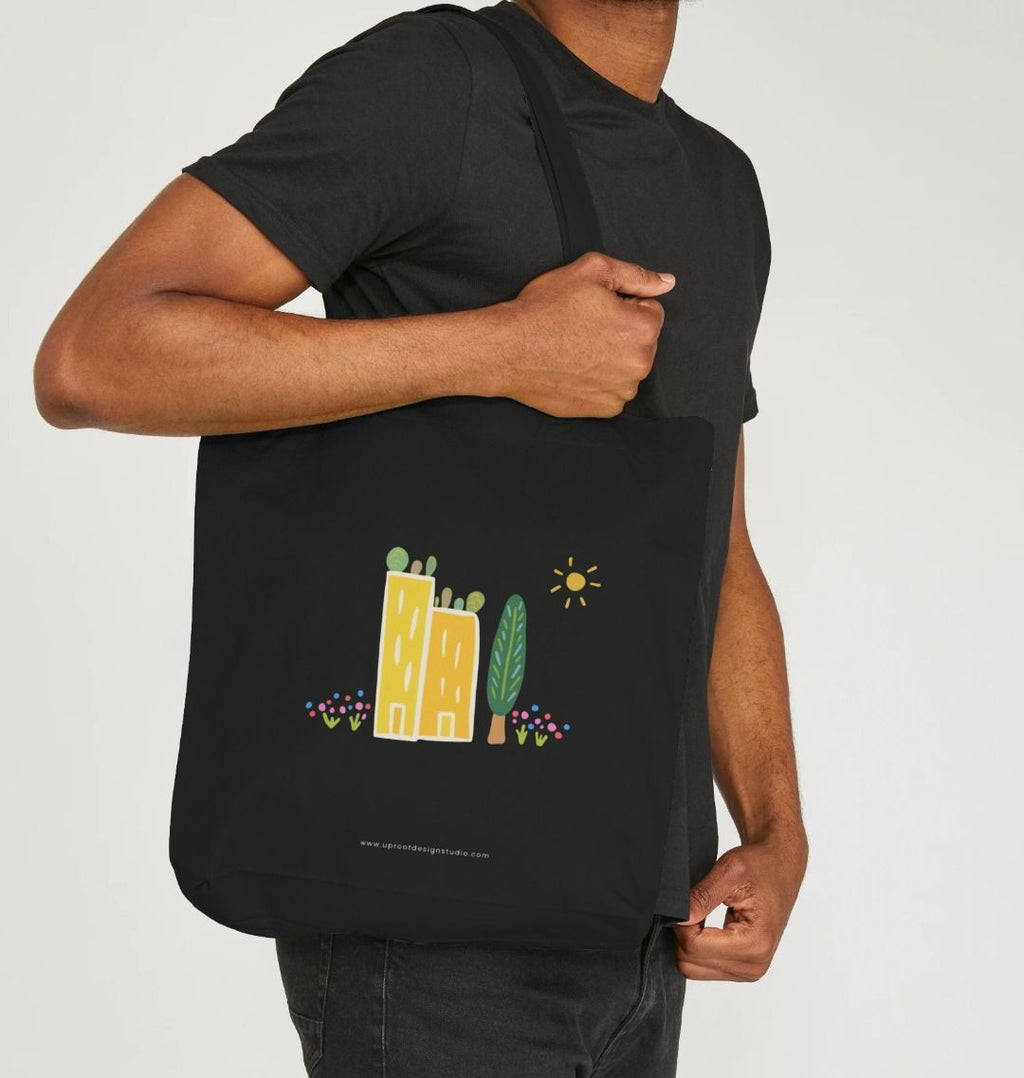 Green Cities 100% Organic Cotton Grocery Black Tote Bag w. Colorful Apartment Buildings, Rooftop Garden, Sun, Tree & Flowers