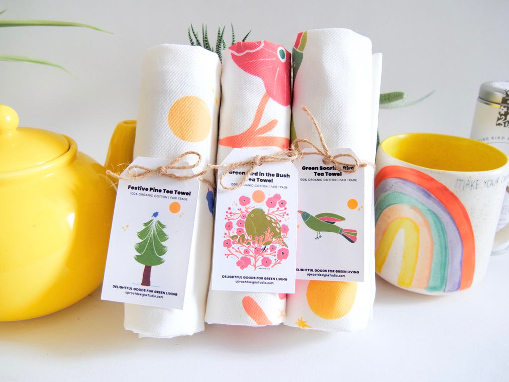 100% Organic Cotton "Green Cities" Kitchen Tea Towel w. Hand-drawn Adorable Art (Tea Time/Grow & Bloom)