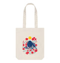 Blue Bird in the Bush 100% Organic Cotton Grocery Tote Bag w. Adorable Marine Blue Bird, Green Branches, Red Flowers, Berries, Buds, Stars & Sun