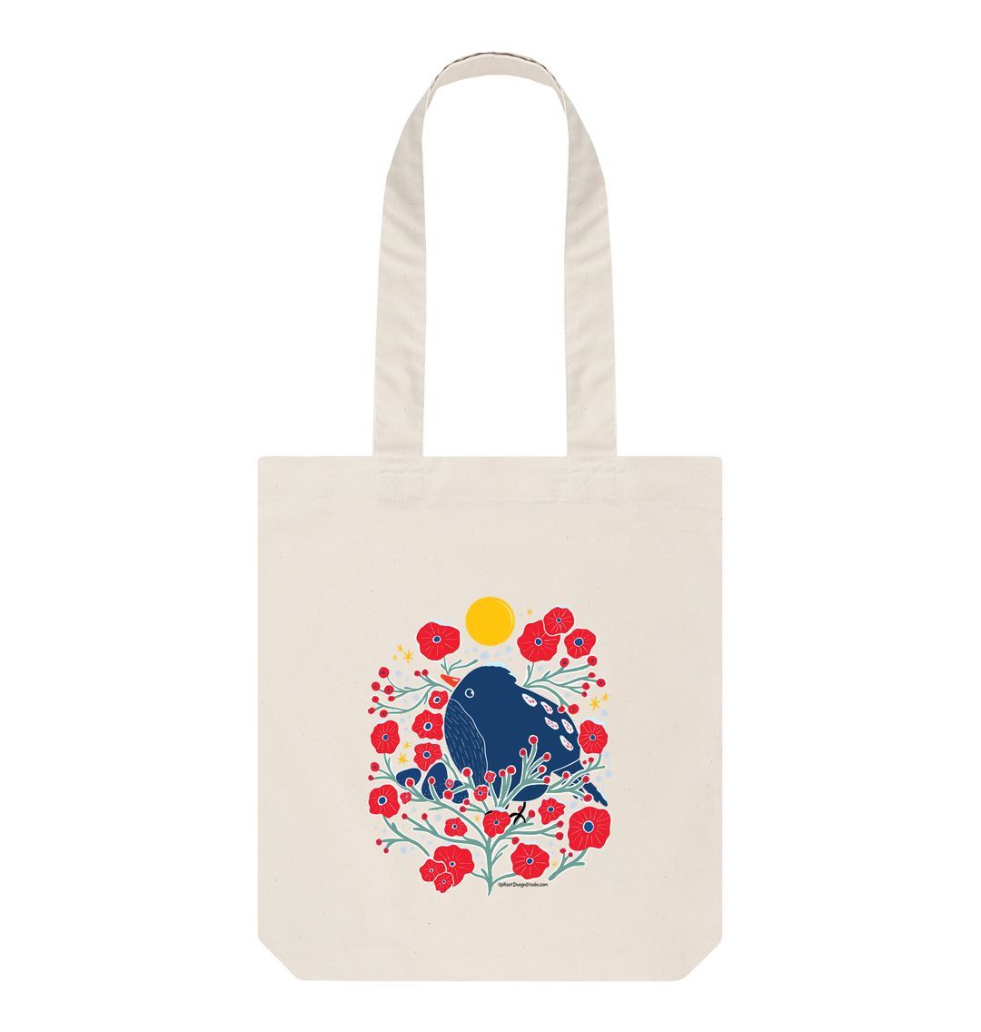 Blue Bird in the Bush 100% Organic Cotton Grocery Tote Bag w. Adorable Marine Blue Bird, Green Branches, Red Flowers, Berries, Buds, Stars & Sun