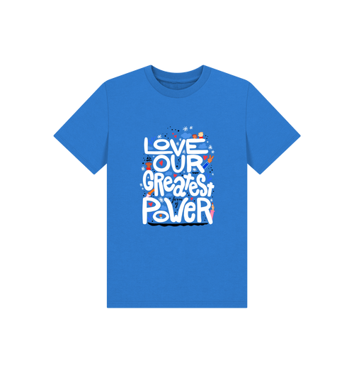 "Love is Our Greatest Form of Power" Organic Eco T-Shirt (Kids - White Text - Assorted Confetti Colors)