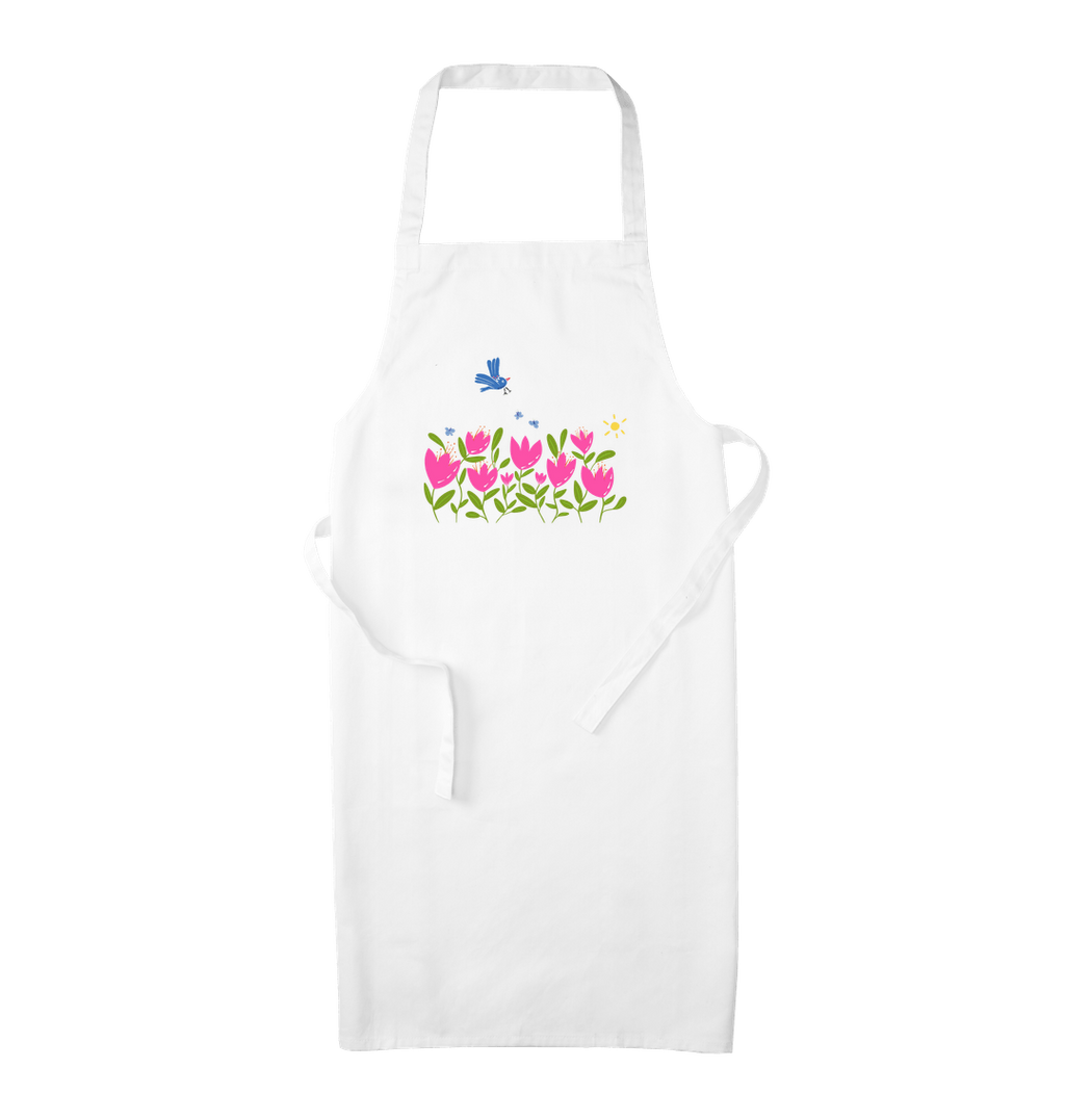 Breezy Tulips with Blue Flying Bird Organic Apron (White)