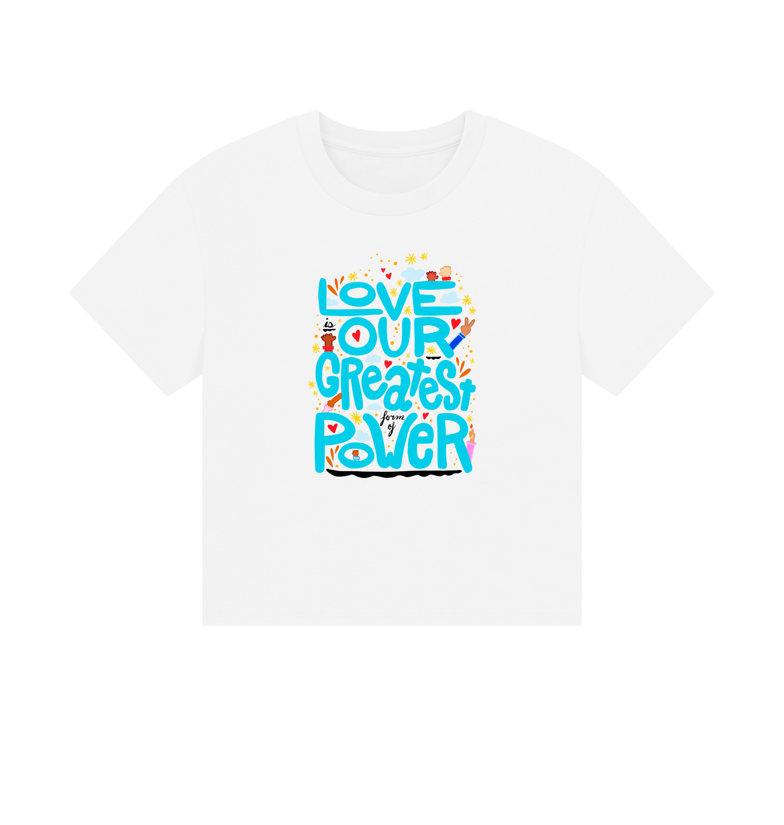 "Love is Our Greatest Form of Power" Organic Cotton Eco Boxy T-Shirt (Adult - Teal Text on White)