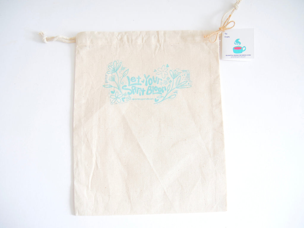 Fabric Gift Bag: UpRoot 100% Organic Cotton Double Cinch Fabric Gift Bags "Let Your Spirit Bloom" Stamp in Aqua, Black or Green