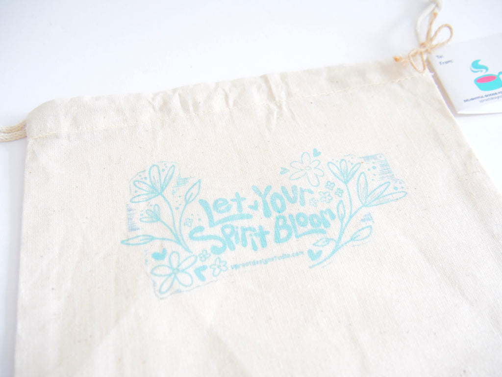 Fabric Gift Bag: UpRoot 100% Organic Cotton Double Cinch Fabric Gift Bags "Let Your Spirit Bloom" Stamp in Aqua, Black or Green