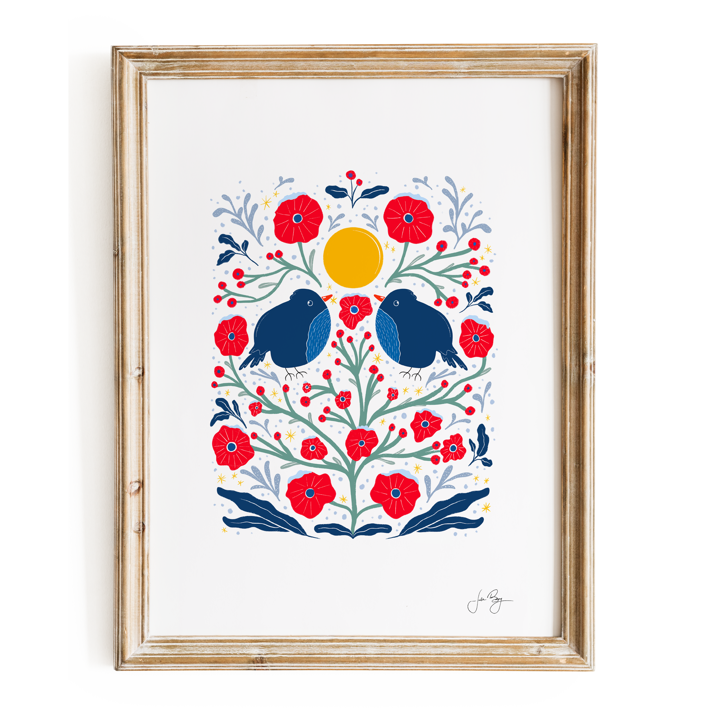 "Two Birds in the Bush" Hand-Drawn Eco-Art Print 12x18" (Assorted Colors)