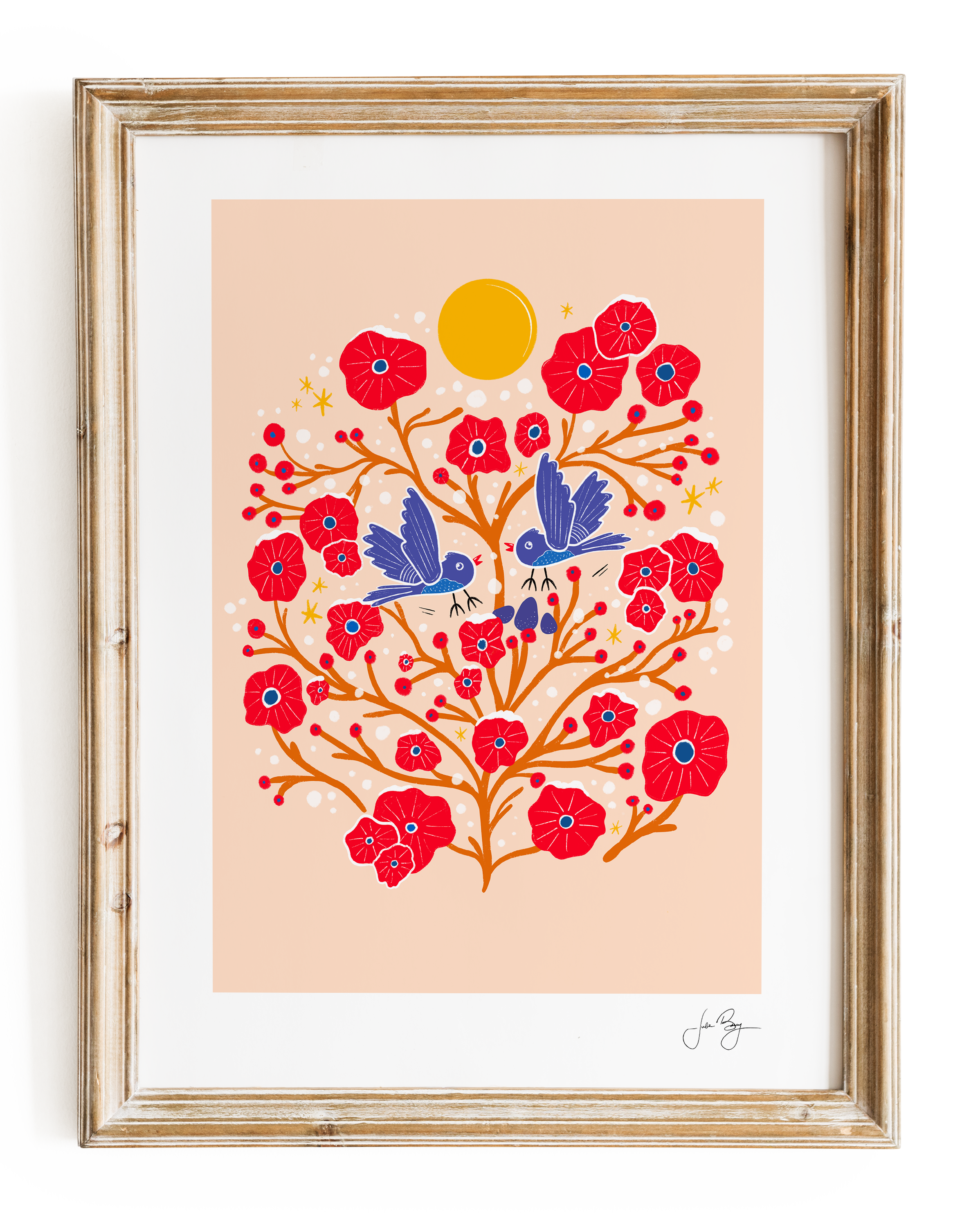 "Two Flying Birds" Hand-Drawn Eco-Art Print 12x18" (Assorted Colors)