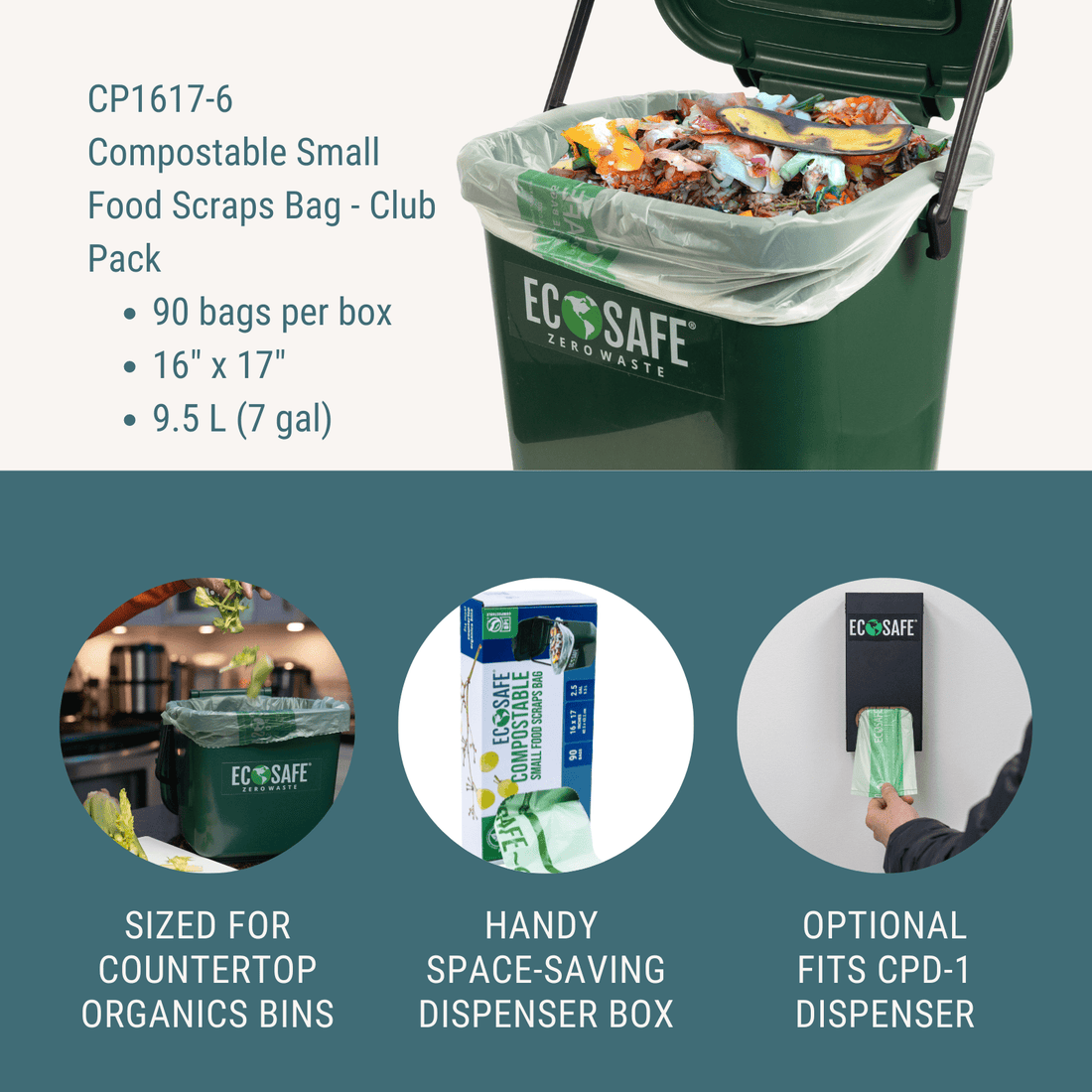 EcoSafe Zero Waste 2.5 Gallon Compostable Food Scrap Bags, 16" x 17" (QTY 900), SKU CP1617-6