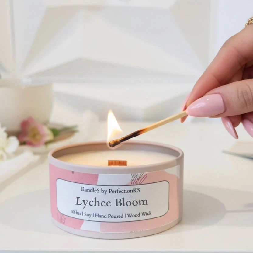 Lychee Bloom Luxury Candle | 8oz Non-Toxic Soy Candle with Wooden Wick | Clean Burn