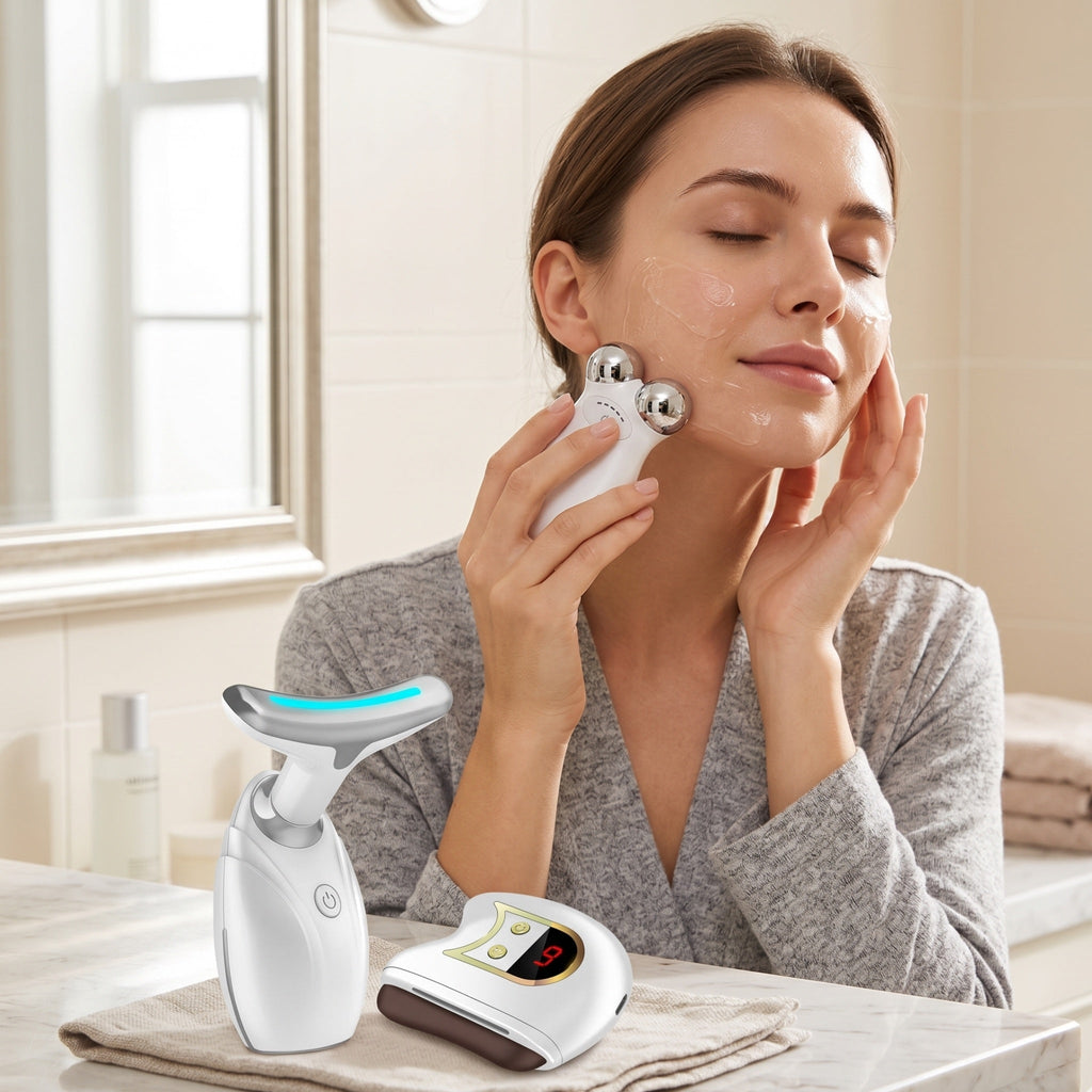 Lift, Sculpt & Glow Toolkit -Set of 3 LED Therapy, Electric Gua Sha & Microcurrent Toning Device for Radiant Skin