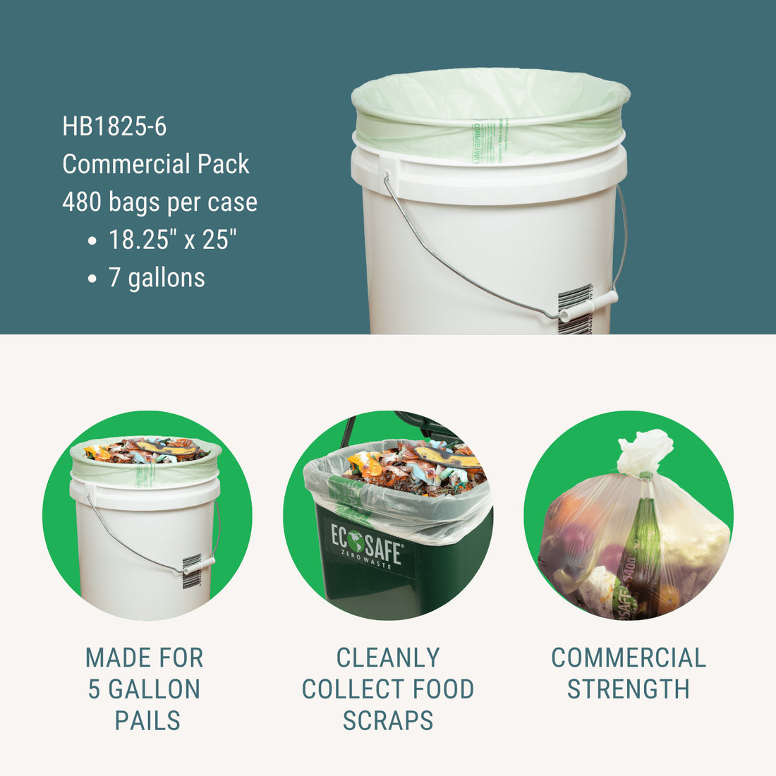 EcoSafe Zero Waste Compostable Bags 7 Gallon, 18 x 25 in, SKU HB1825-6