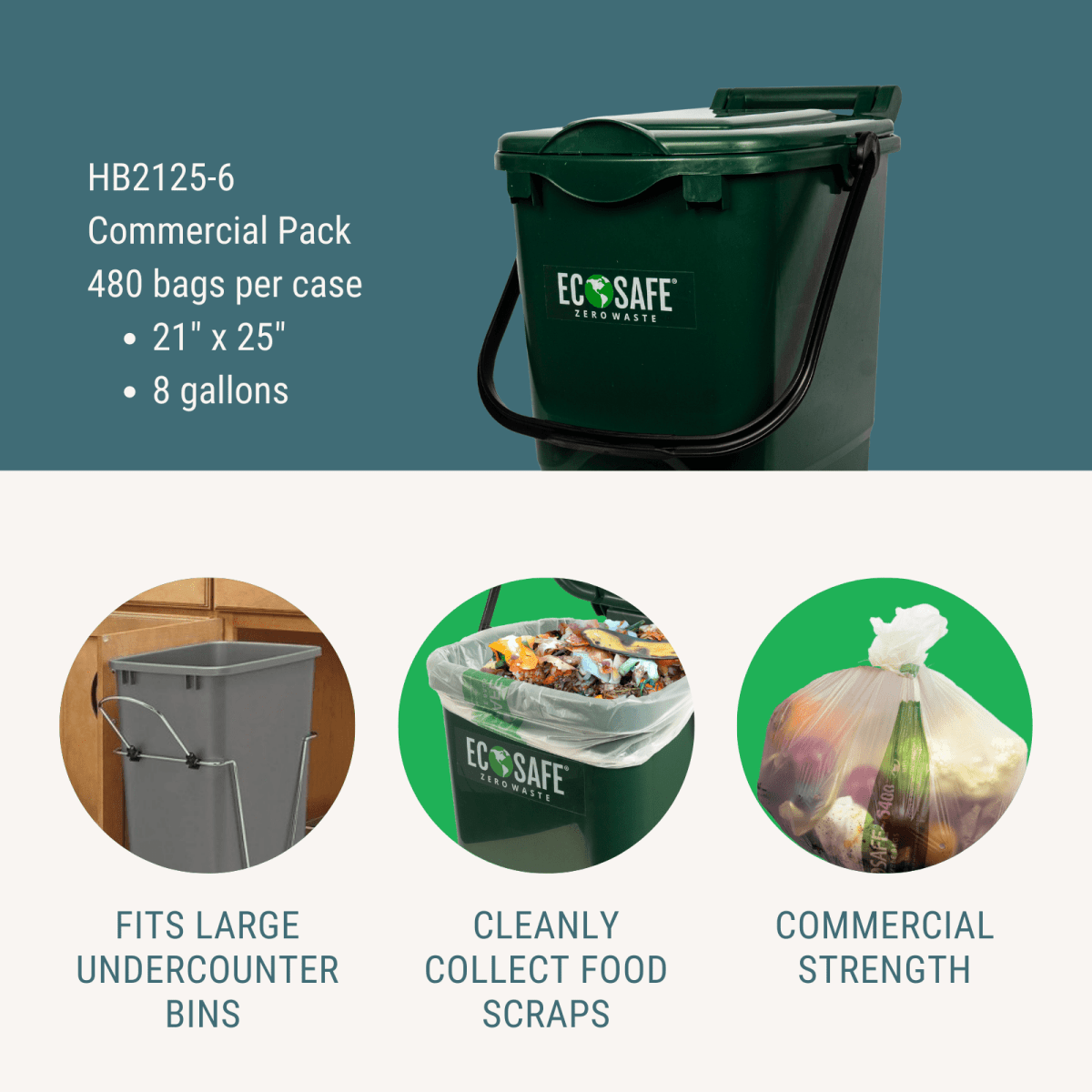 EcoSafe 8 Gal Compostable Bags - 21X25 (4-Roll Pack, QTY:48)