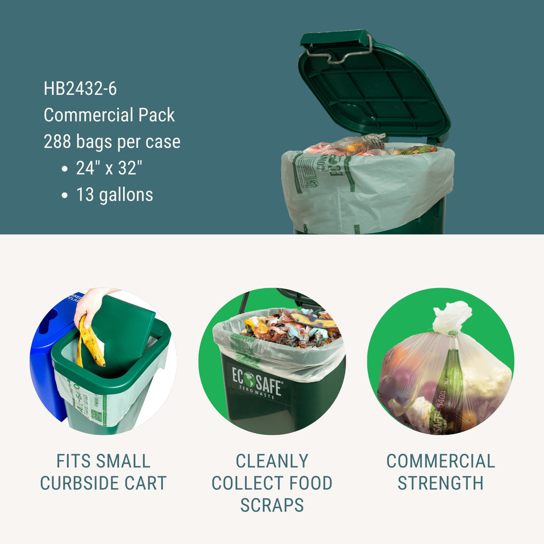 EcoSafe Zero Waste Compostable Bags 13 Gallon 24x32 for Kitchen and Office Bins (QTY 288), SKU HB2432-6