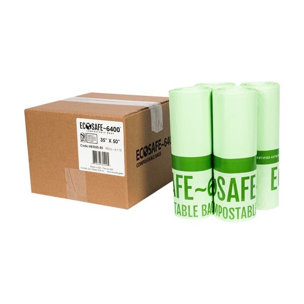 EcoSafe Zero Waste 45 Gallon Compostable Bags 35x50 for Residential Bins (QTY 90), BPI Certified, SKU HB3550-85
