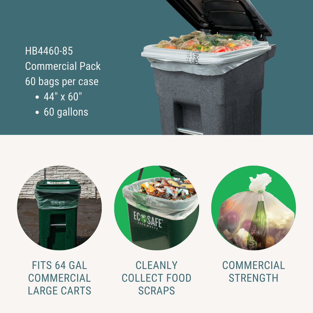 EcoSafe Zero Waste 60 Gallon Compostable Bags 44x60 for Green Carts & Bins (QTY 60), BPI Certified, SKU HB4460-85