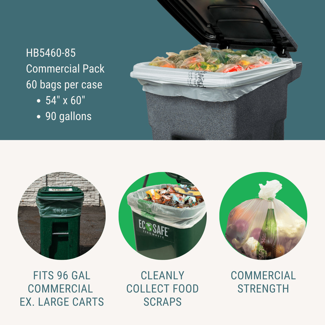 EcoSafe Zero Waste 90 Gallon Compostable Bags - 54x60 (QTY 60), SKU HB5460-85