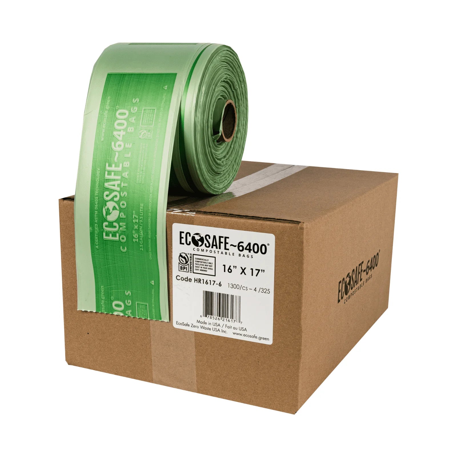 EcoSafe Zero Waste 2.5 Gal Compostable Bags 16x17 for MultiRes Dispenser (QTY 1300), BPI Certified, SKU HR1617-6