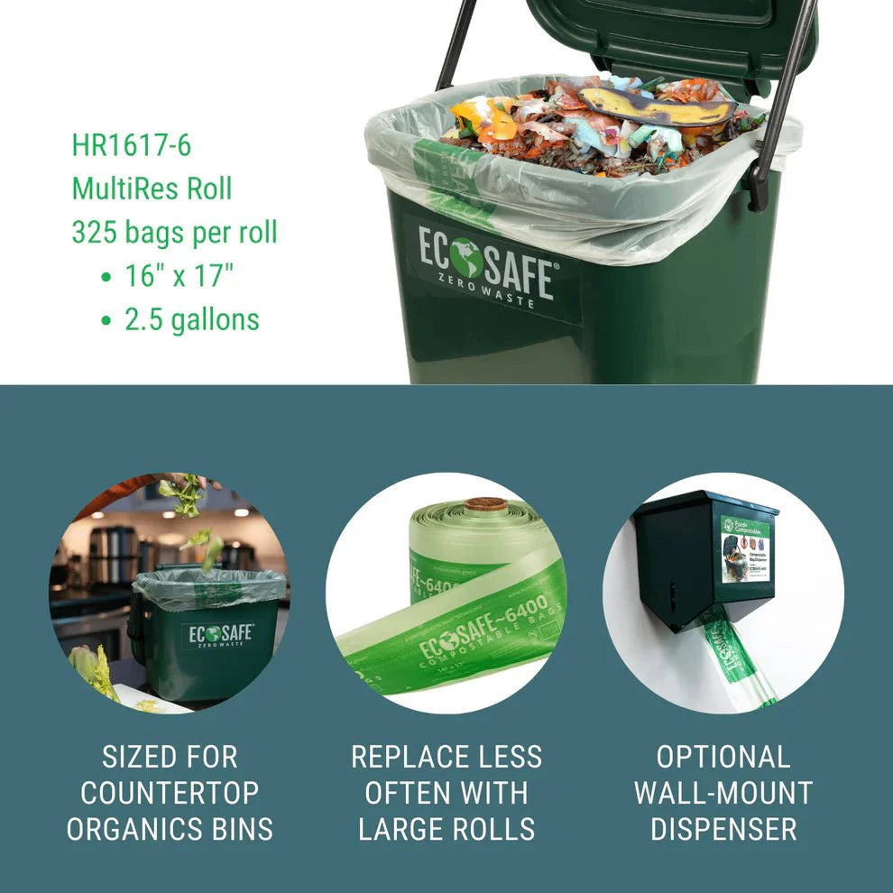 EcoSafe Zero Waste 2.5 Gal Compostable Bags 16x17 for MultiRes Dispenser (QTY 1300), BPI Certified, SKU HR1617-6