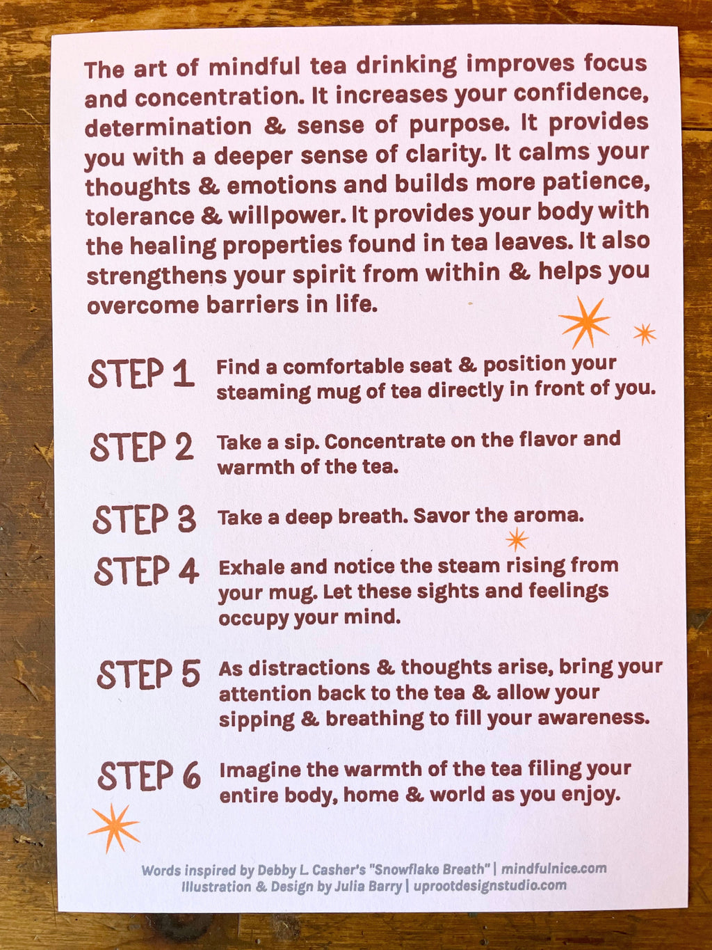 "Tea Time" Hand-Illustrated Meditation Card w. Instructions 5x7"