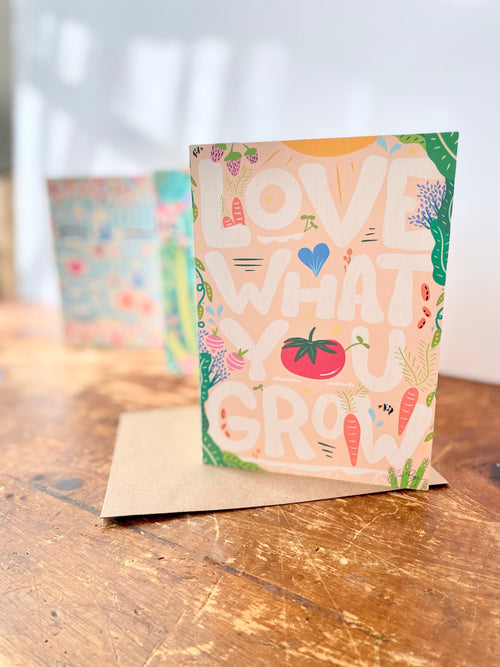"Love What You Grow" Eco Recycled Greeting Card w. Hand-Drawn Art w. Vegetables, Fruit, Bees & Sun + Recycled Envelope, Blank inside (Grow & Bloom)