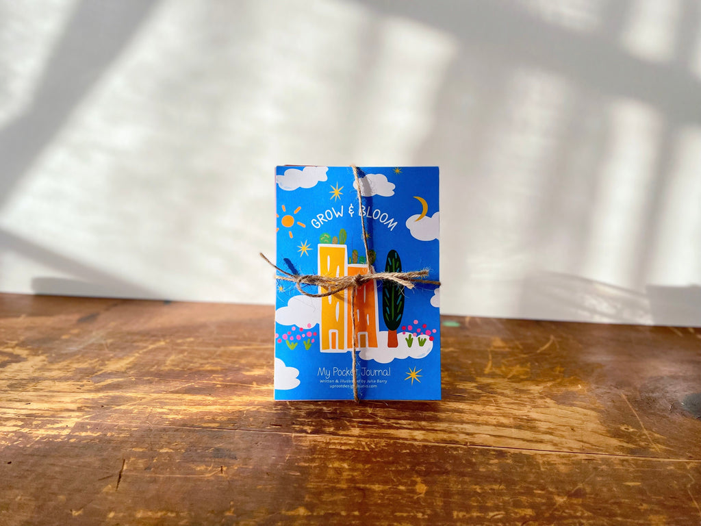 Golden Light Candle Relaxation Set: "Happy Camper" Scented (Sandalwood + Vanilla) Candle,  Meditation Card + Mindfulness Journal (Grow & Bloom)