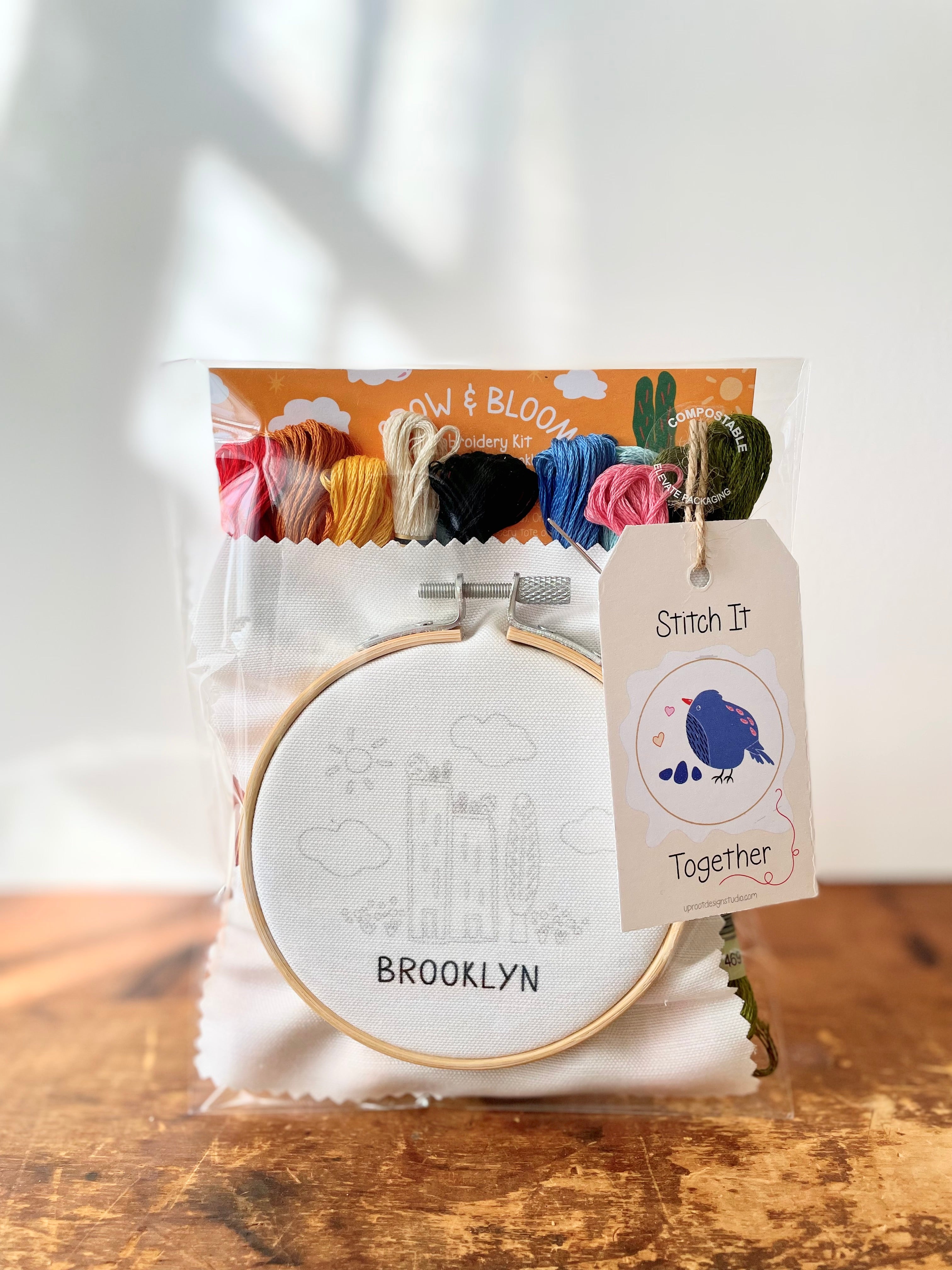 "Brooklyn" Green Cities Eco-Embroidery Kit w. Apartment Gardens, Flowers, Clouds, Tree & Sun 4" Sampler (Joyful Threads Grow & Bloom)