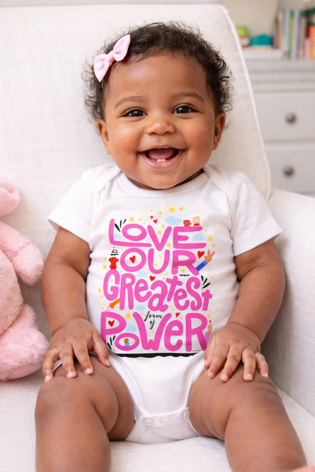 "Love is Our Greatest Form of Power" Organic Onesie (Baby - Pink Text)