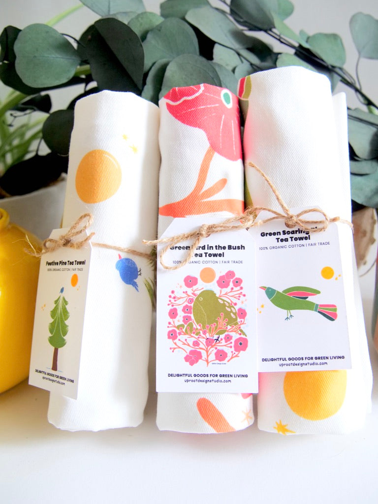 100% Organic Cotton "Whimsical Houseplants" Kitchen Tea Towel w. Hand-drawn Adorable Potted Plant Art (Tea Time/Plant Parenthood)