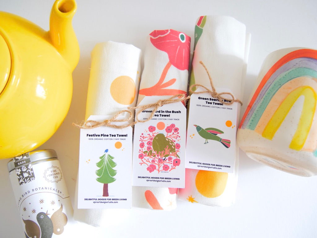 100% Organic Cotton "Whimsical Houseplants" Kitchen Tea Towel w. Hand-drawn Adorable Potted Plant Art (Tea Time/Plant Parenthood)