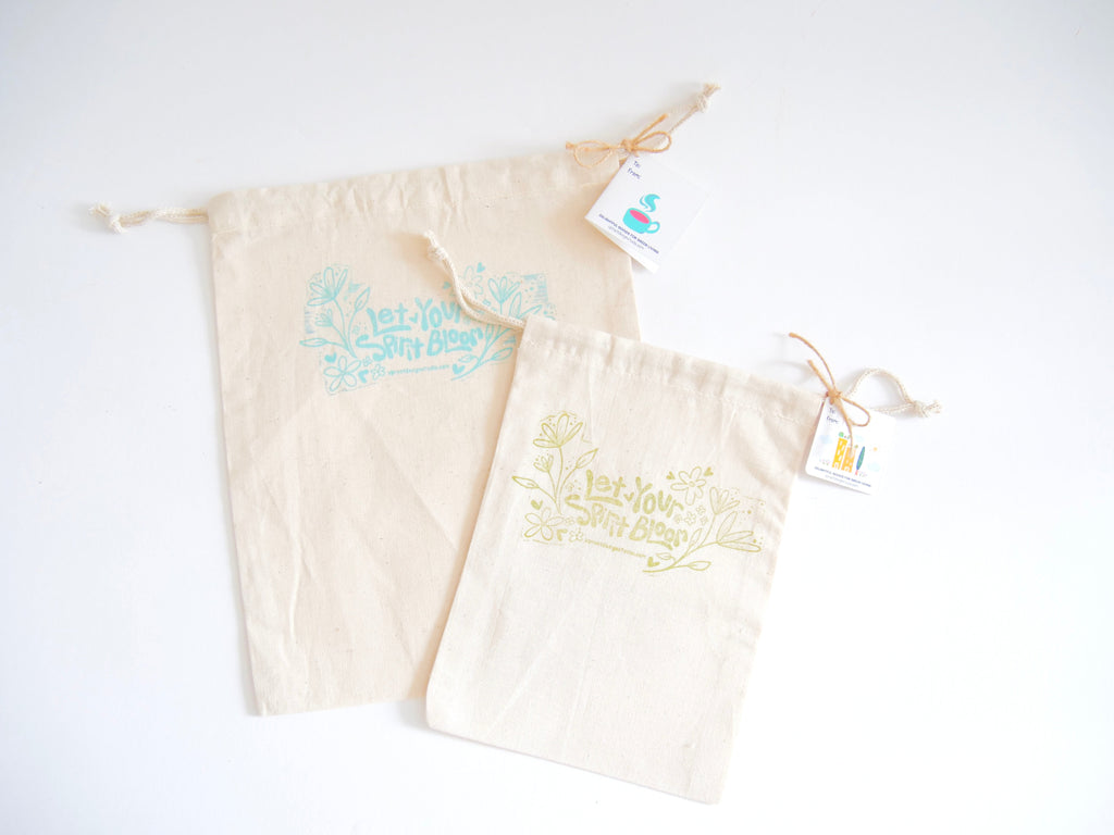 Fabric Gift Bag: UpRoot 100% Organic Cotton Double Cinch Fabric Gift Bags "Let Your Spirit Bloom" Stamp in Aqua, Black or Green