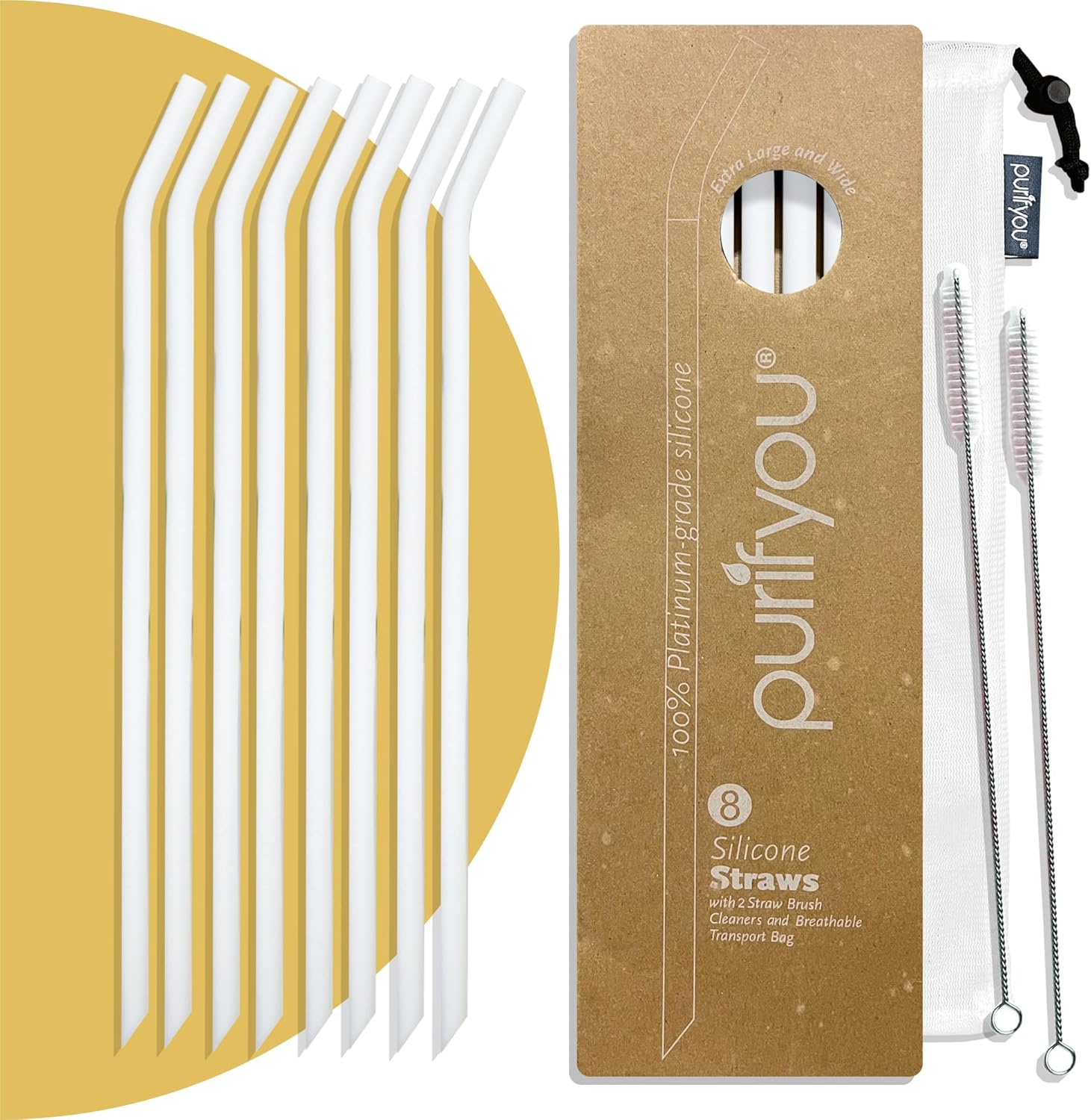 purifyou Reusable Silicone Straws - Long, Slender, & Kids Sizes, Eco-Friendly, BPA-Free, Durable & Flexible