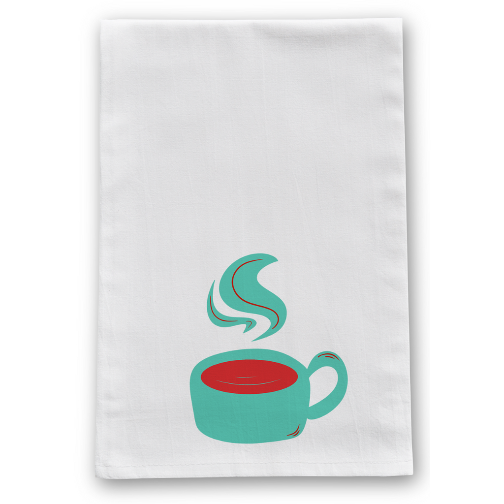 100% Organic Cotton "Warm Mug" Kitchen Tea Towels w. Hand-drawn Adorable Art - Assorted (Tea Time/Warm Wishes)