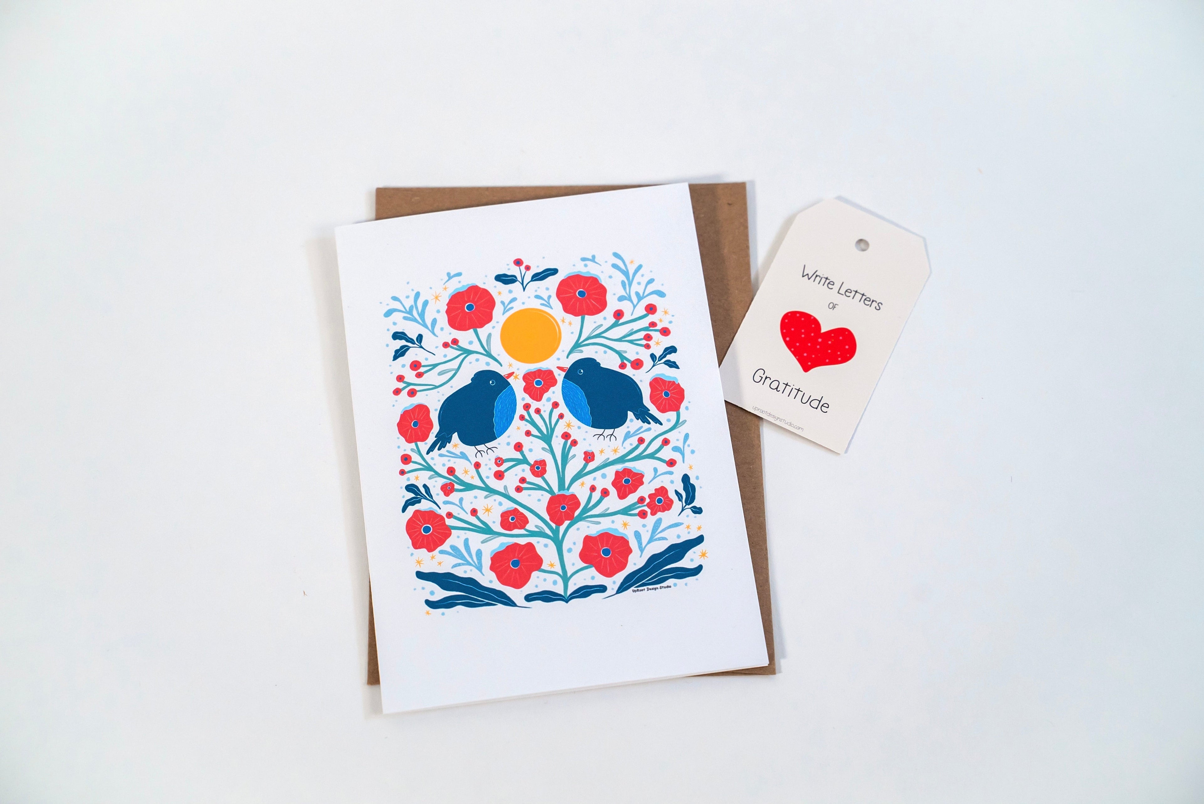 "Two Birds in the Bush" Adorable Greeting Cards + Matching Envelope - Assorted (Winter Wishes / Words of Love)