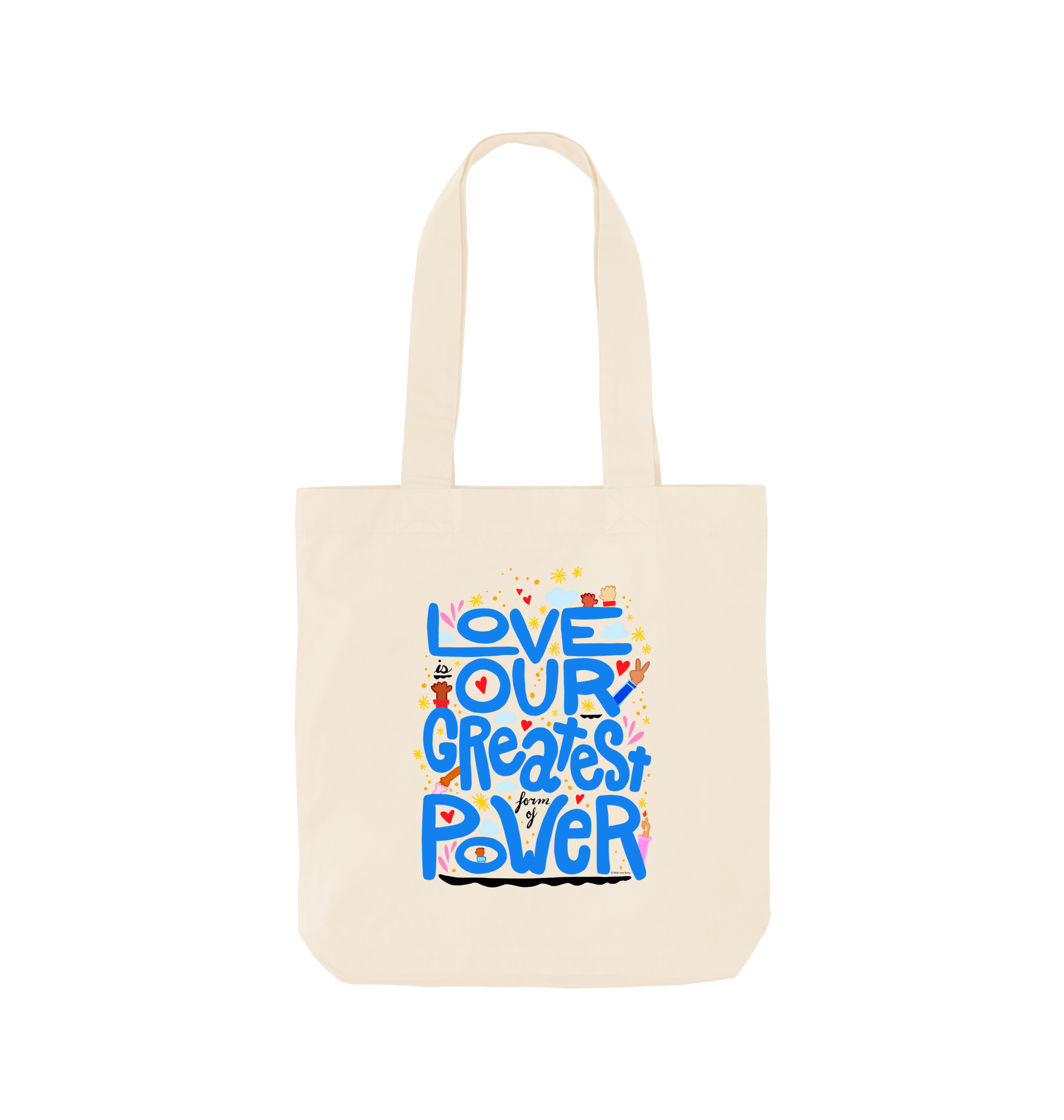 "Love is Our Greatest Form of Power" 100% Organic Cotton Grocery Tote Bag (Blue Text)