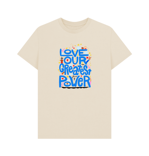 "Love is Our Greatest Form of Power" Organic Cotton Eco T-Shirt (Adult - Blue Text - Assorted Light Colors)