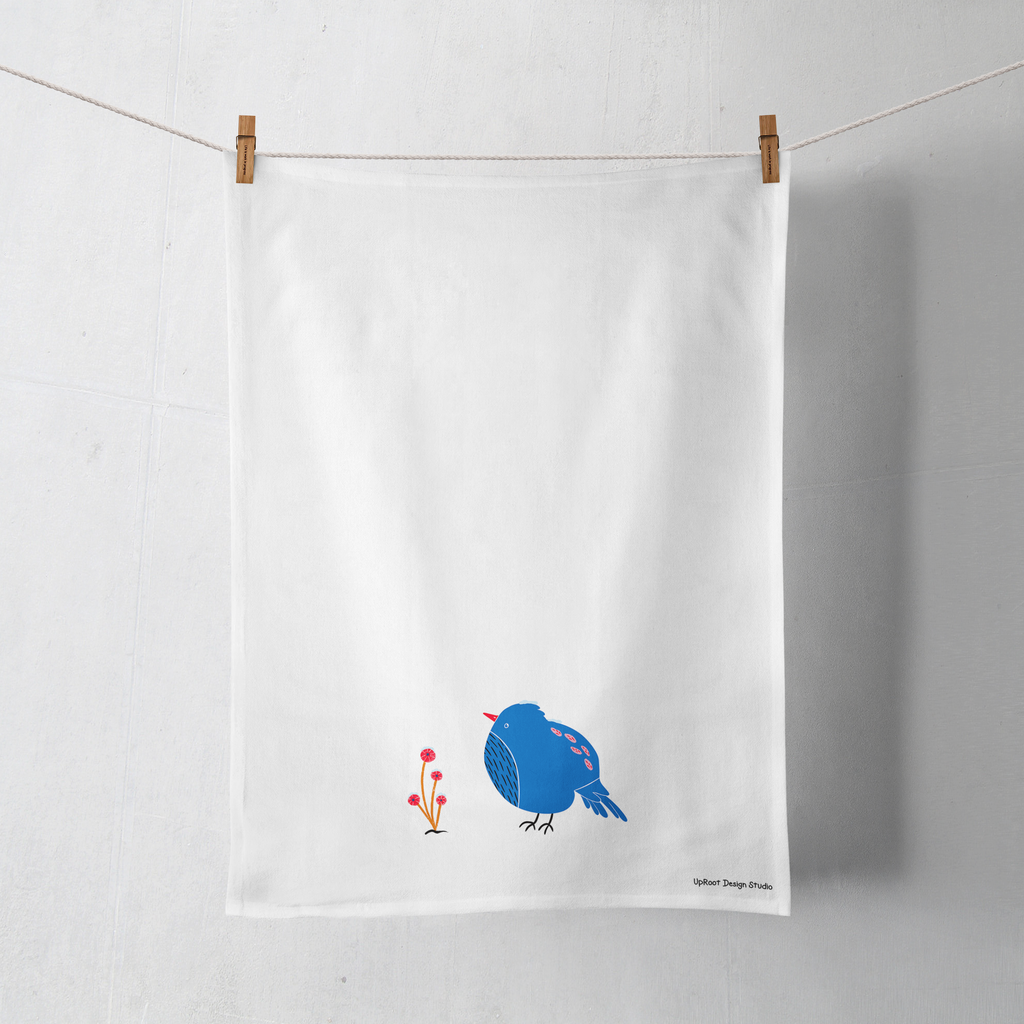 100% Organic Cotton "Blue Pouf Bird" Kitchen Tea Towel w. Hand-drawn Art (Tea Time/Winter Dreaming)