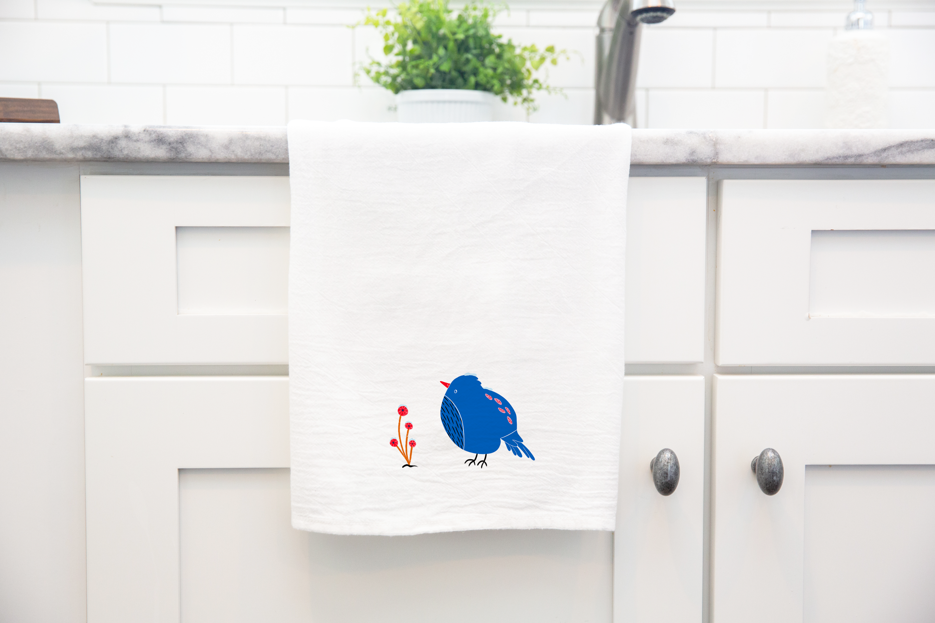 100% Organic Cotton "Blue Pouf Bird" Kitchen Tea Towel w. Hand-drawn Art (Tea Time/Winter Dreaming)