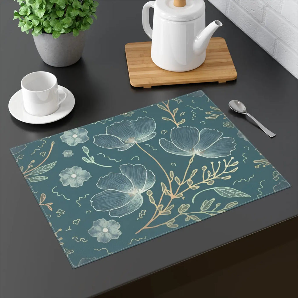 Teal Delicate Flowers Cotton Placemat Eco Friendly - Dipaliz