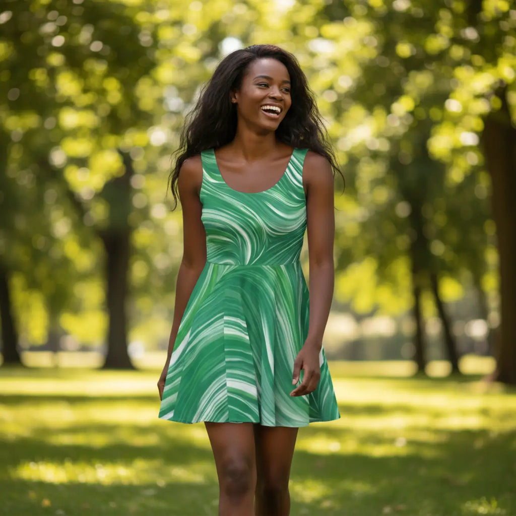 Green Wavy Pattern Skater Dress – Eco-friendly - Dipaliz