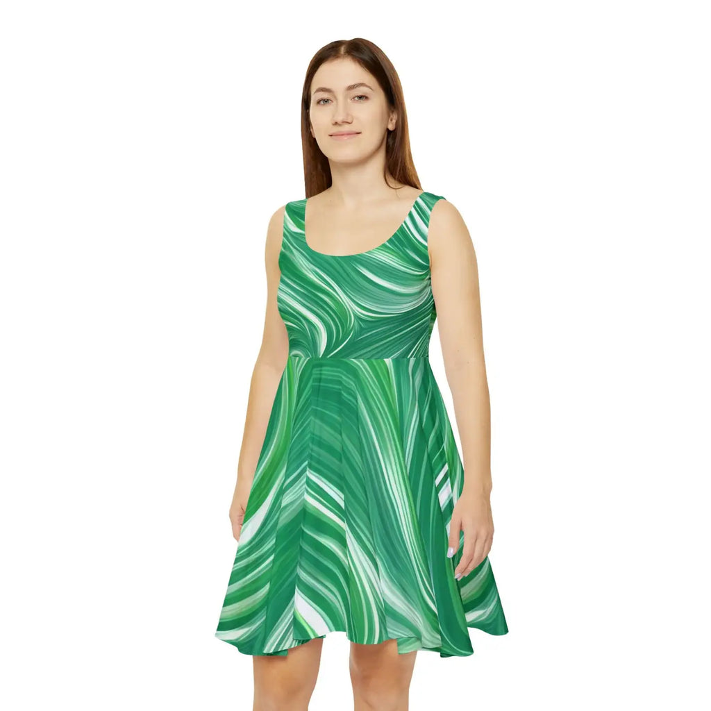 Green Wavy Pattern Skater Dress – Eco-friendly - Dipaliz