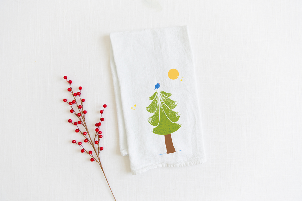100% Organic Cotton "Pine Trees" Kitchen Tea Towels w. Hand-drawn Adorable Art - Assorted (Tea Time/Winter Forest)