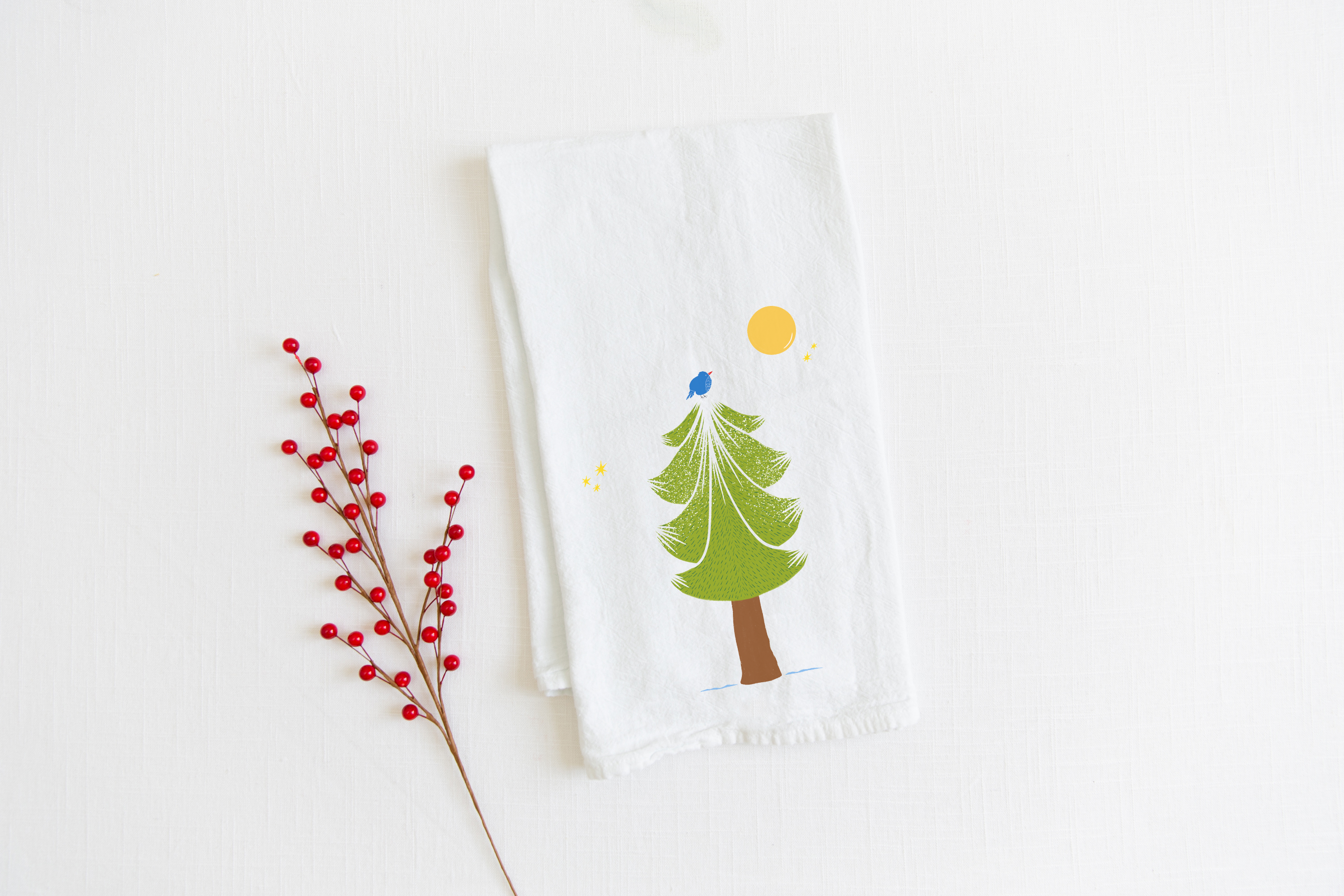 100% Organic Cotton "Pine Trees" Kitchen Tea Towels w. Hand-drawn Adorable Art - Assorted (Tea Time/Winter Forest)