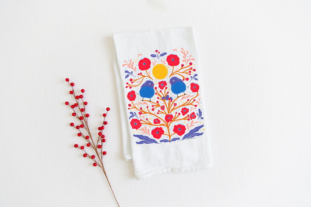 100% Organic Cotton "Fuzzy Birds" Kitchen Tea Towel w. Hand-drawn Fluffy Adorable Blue Birds & Red Flowers (Tea Time/Winter Forest)