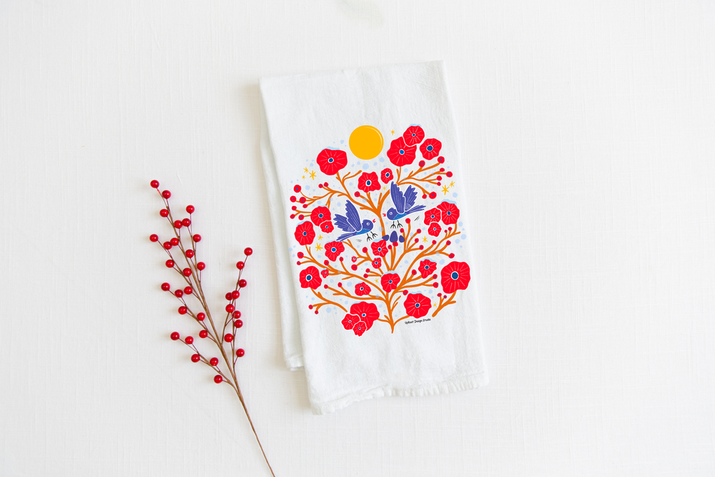100% Organic Cotton "Flying Birds" Kitchen Tea Towel w. Hand-drawn Folk Art Blue Birds & Red Flowers (Tea Time/Winter Forest)