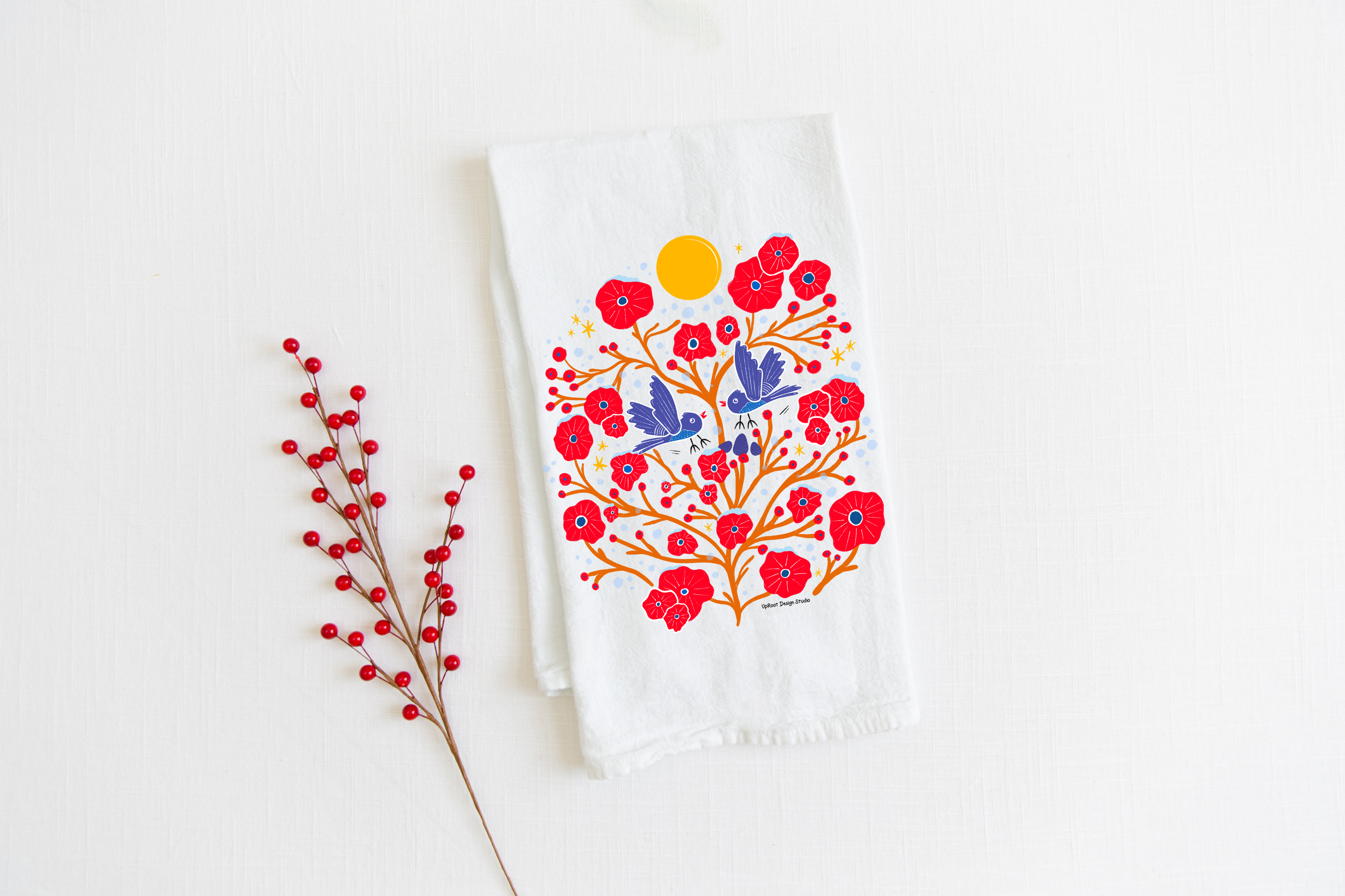 100% Organic Cotton "Flying Birds" Kitchen Tea Towel w. Hand-drawn Folk Art Blue Birds & Red Flowers (Tea Time/Winter Forest)