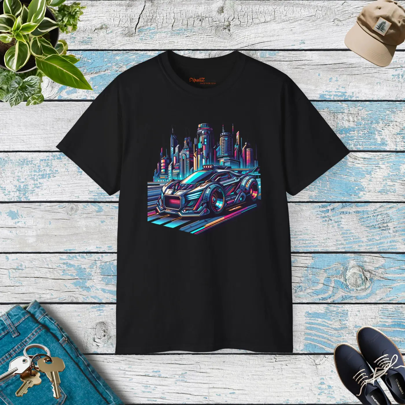 Car in Futuristic City Cotton Tee – Eco-friendly - Dipaliz