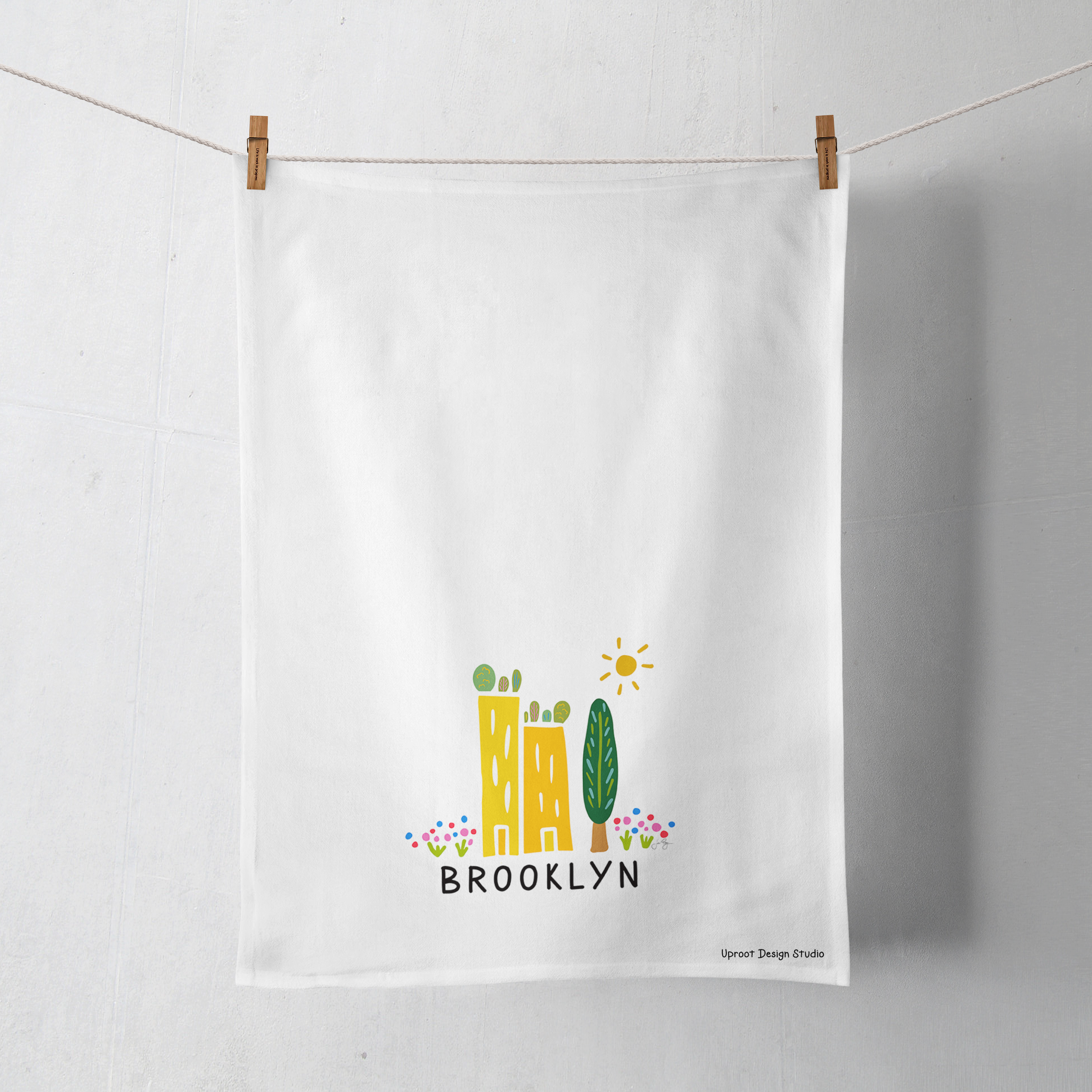 100% Organic Cotton "Green Cities - Brooklyn" Kitchen Tea Towel w. Hand-drawn Adorable Art (Tea Time/Grow & Bloom)