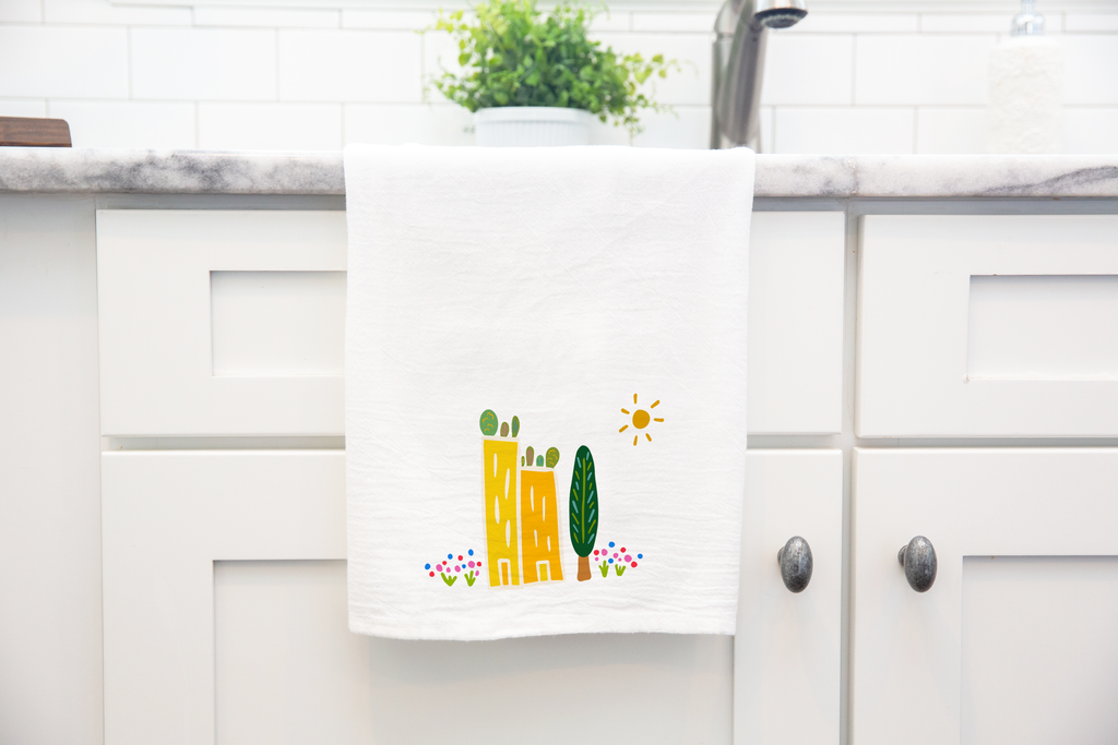 100% Organic Cotton "Green Cities" Kitchen Tea Towel w. Hand-drawn Adorable Art (Tea Time/Grow & Bloom)