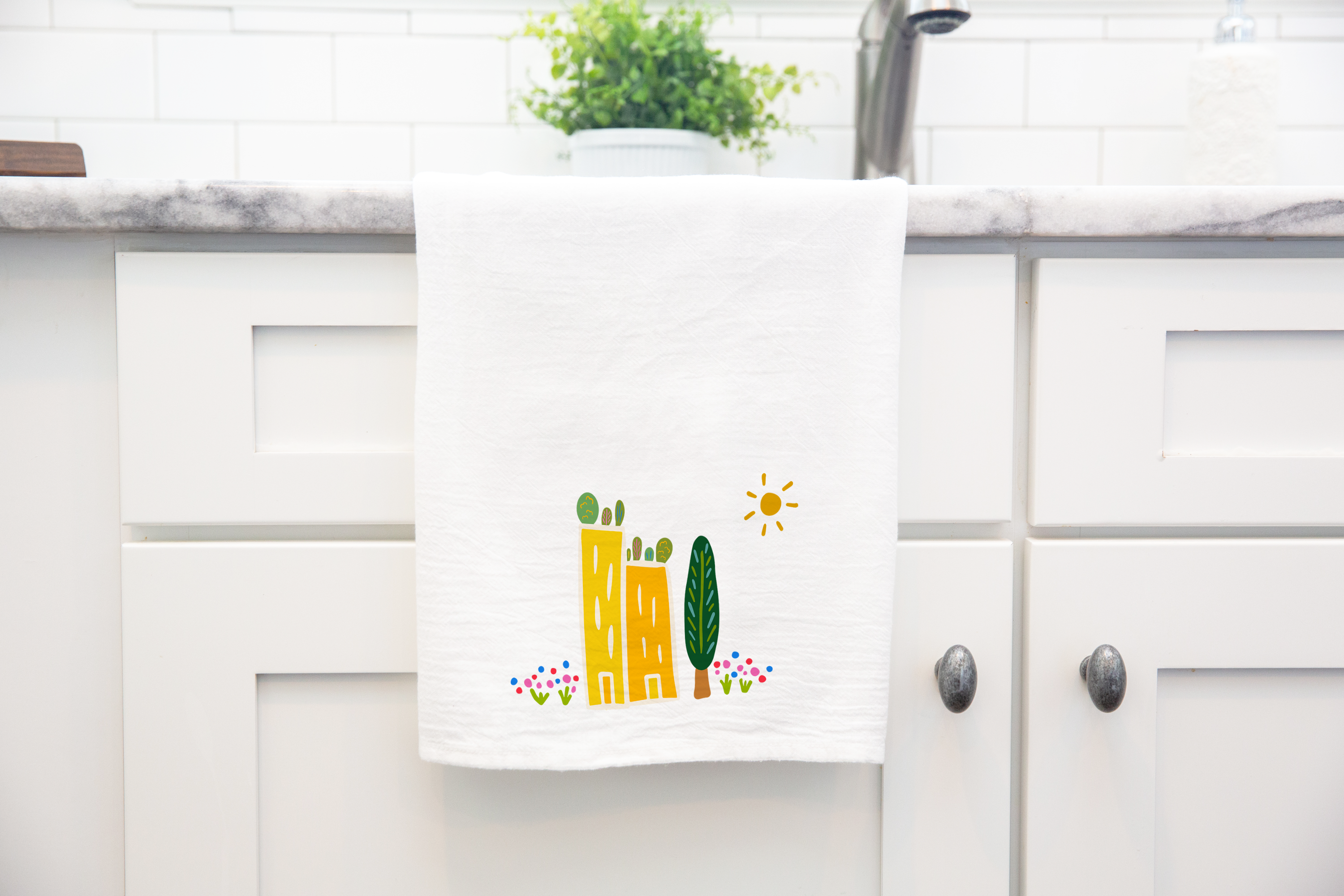 100% Organic Cotton "Green Cities" Kitchen Tea Towel w. Hand-drawn Adorable Art (Tea Time/Grow & Bloom)