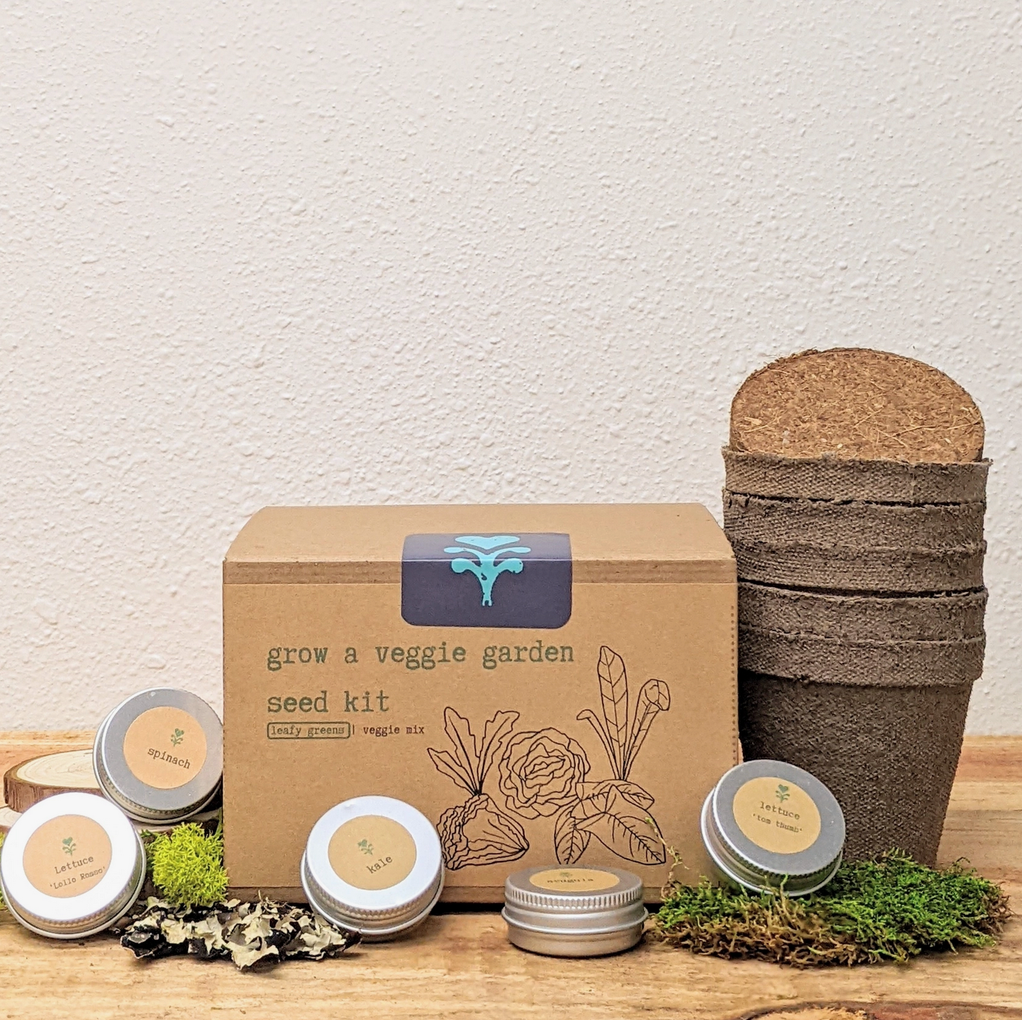 "Growing Wellness" Eco Gift Box: Basil & Leafy Greens Growing Kits, Mint Tea, Meditation Card, Greeting Card (Grow & Bloom)